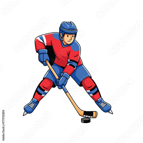 Cartoon ice hockey player in a red and blue uniform poised with a stick and puck.