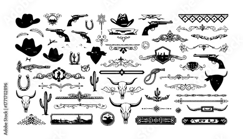 A large collection of old western design elements, embellishment, borders and divider lines.
