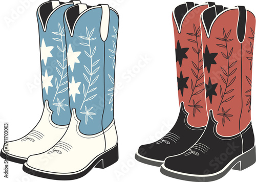 Colorful cowboy boots illustration featuring blue and red western designs with stars and leaves, stylish country fashion footwear art