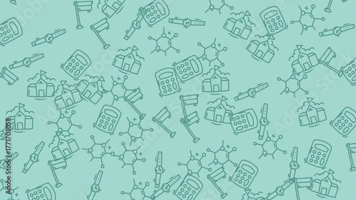 Pattern of scientific tools and symbols including syringes, beakers, and molecular structures on a teal background