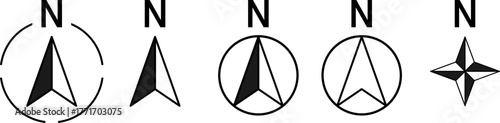 Basic North Arrow Mark Sign Symbol Icon Set for Site Plan and Map Orientation. Vector Image.