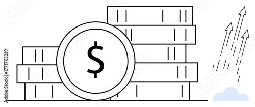 Stacks of coins with a dollar symbol suggest wealth and financial success. Upward arrows represent growth, advancement, and prosperity. Ideal for investment, banking, economy, business, profit