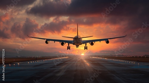 Airplane landing sunset