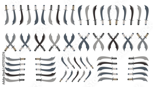 Machete and scimitar swords vector set, crossed pairs and single icons