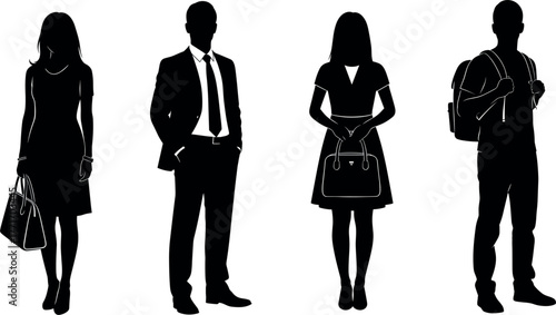 Silhouettes of diverse people in fashion, business, and casual outfits, standing upright, showcasing modern lifestyle, style, identity, and posture.