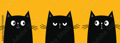 Black cat kitten kitty icon set. Cute kawaii cartoon character. Sad, angry, happy, surprised emotion. Valentines Day. Greeting card, banner, tshirt, sticker print. Yellow background Flat design Vector