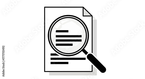 Clean black and white graphic portraying a magnifying glass actively examining text on a document, illustrating concepts of detailed inspection and data review