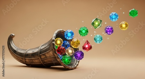 Cornucopia overflowing with colorful gems and jewels on a neutral background representing abundance and wealth