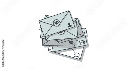 Stack of modern mail envelopes featuring diverse digital notification icons, symbolizing communication, messages, and updates in a connected world