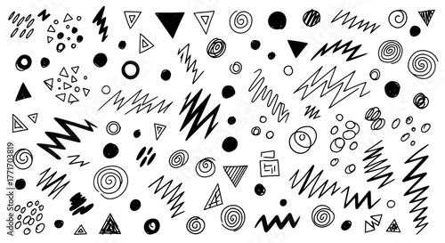 Collection of hand-drawn abstract graphic elements, featuring energetic squiggles, geometric triangles, and playful dots, ideal for modern design patterns and creative backgrounds