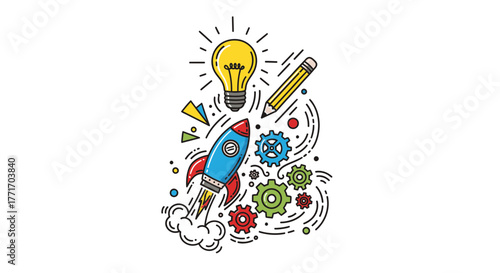 Dynamic illustration of a rocket launch with a bright lightbulb and gears, symbolizing the exciting journey of innovative ideas, creative startups, and technological business development