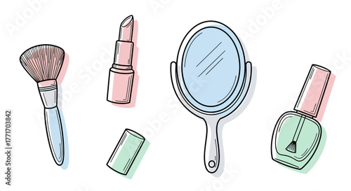 Collection of hand-drawn beauty essentials with pastel watercolor accents, featuring makeup brush, lipstick, mirror, and nail polish for a cute and feminine design