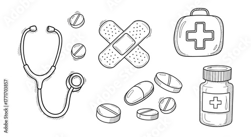 Hand-drawn medical supplies doodle set, featuring essential items like a stethoscope, various pills, band-aids, and a first aid kit, representing healthcare and wellness