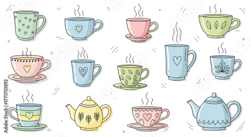 Charming collection of hand-drawn steaming hot beverage cups, mugs, and teapots, featuring a variety of pastel designs for cozy drink illustrations