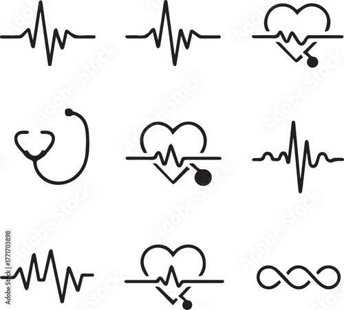 Top-Tier SEO Vector Art: Clean Black and White Medical Diagnostic Tool Icons Collection