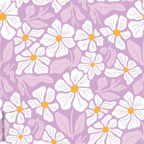 Vector seamless floral pattern with white daisies and lilac background, elegant hand drawn botanical design for fabric, packaging, and home decoration