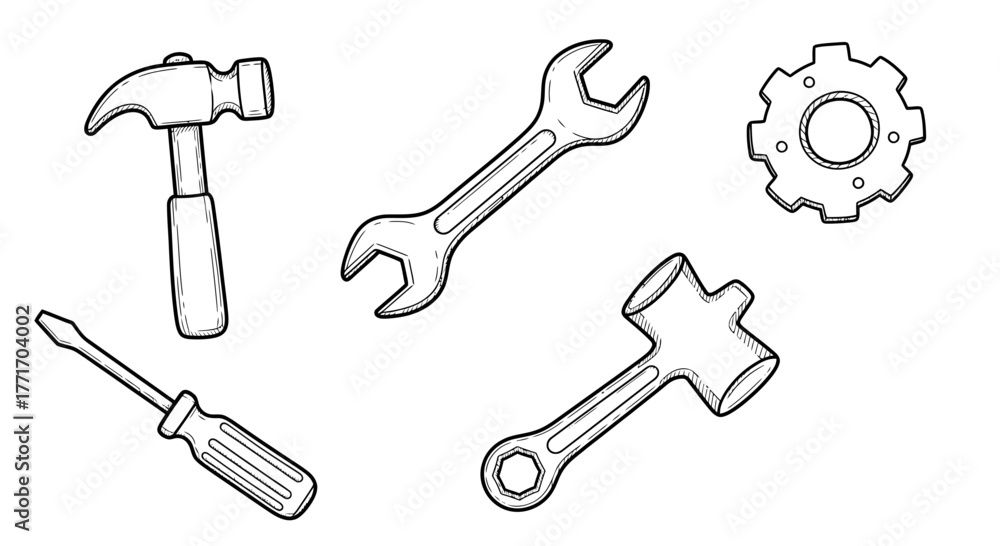 Naklejka premium Collection of essential hand tools for DIY, home repair, and professional maintenance, featuring hammer, wrench, screwdriver, and gear in a clean, versatile line art graphic