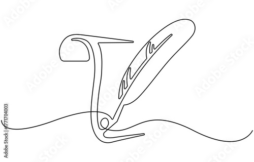 inkwell and feather continuous line drawing.