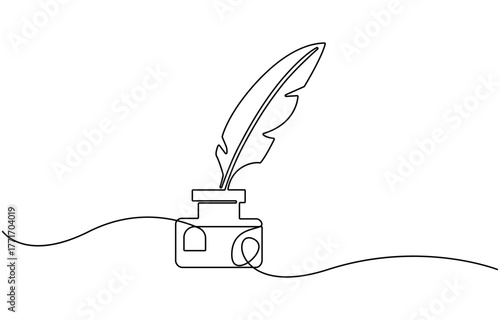 inkwell and feather continuous line drawing.