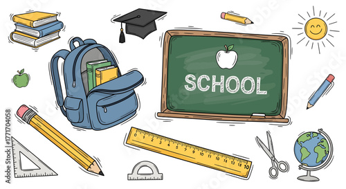 Vibrant hand-drawn school supplies and essential educational tools collection, perfect for illustrating learning, student life, and academic concepts like knowledge, study, and growth