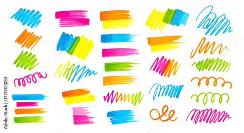 Quick sweeps of vibrant colors, reminiscent of a whisk's light and agile movement, creating a dynamic collection of energetic marker strokes and playful abstract patterns for creative design projects