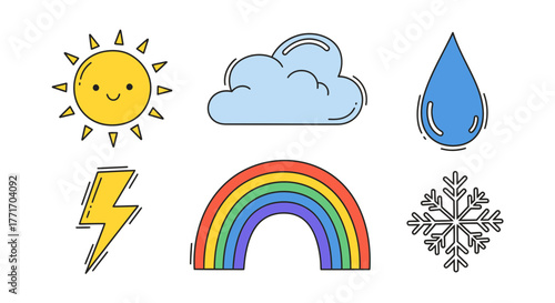 A charming collection of hand-drawn weather symbols illustrating various atmospheric conditions and natural phenomena, perfect for forecast designs and digital interfaces