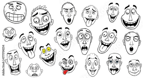 A dynamic and whimsical assortment of hand-drawn cartoon faces, each bursting with exaggerated expressions and comical personality, ideal for playful designs