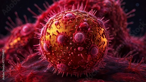 Mutating Virus Cell with Golden Core and Spike Proteins - Scientific Illustration