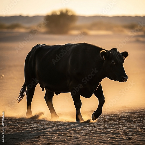 Wallpaper Mural Solitary bovine strides across arid landscape illuminated by golden sunset glow Torontodigital.ca