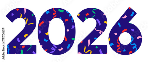 2026 number isolated, colorful confetti New Year logo design