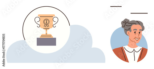 Elderly woman smiling next to trophy on pedestal, representing recognition, success, and accomplishment. Ideal for achievement, celebration, hard work, reward motivation honor inspiration. Simple