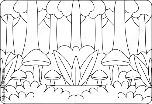 Detailed black and white outline of a serene forest floor filled with mushrooms and leafy plants