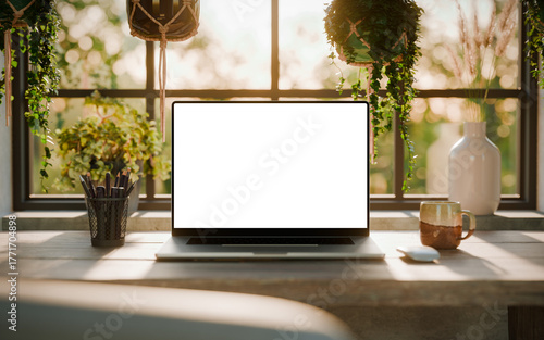 Laptop green screen mockup front view on desk with natural light and green plants – home office workspace. Cgi render