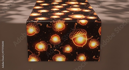 Festive autumn table runner with glowing acorns on a dark background for fall decorations