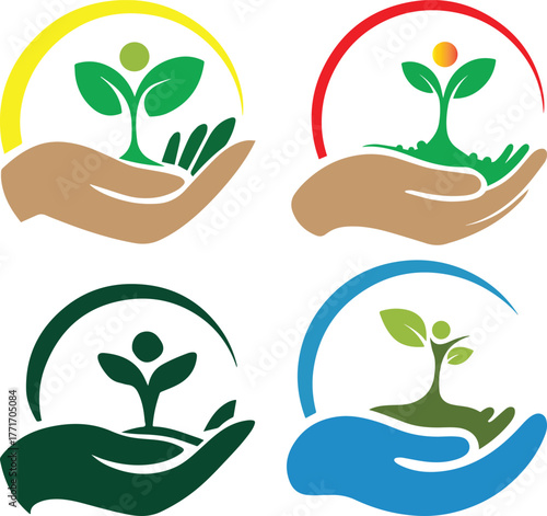 Monochrome Pediatric Care Logo Vector: Minimalist Child Health and Safety Emblem Unique B&W Growing Sprout & Hand Icon: Child Development and Nurturing Medical Symbol