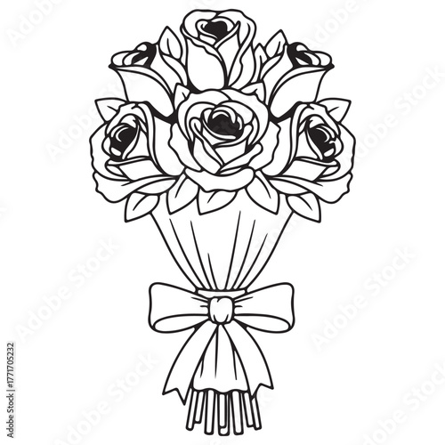 Elegant Black Outline Vector of Rose Bouquet with Ribbon Bow