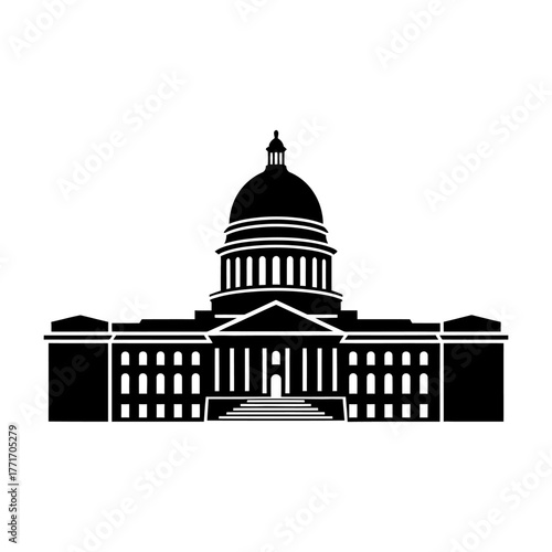 Black Silhouette Icon of a Symmetrical Building with Dome and Columns