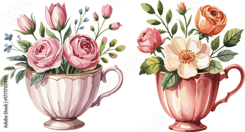 Elegant watercolor floral teacup arrangement with roses, tulips, and leaves, vintage botanical still life illustration for home decor and design