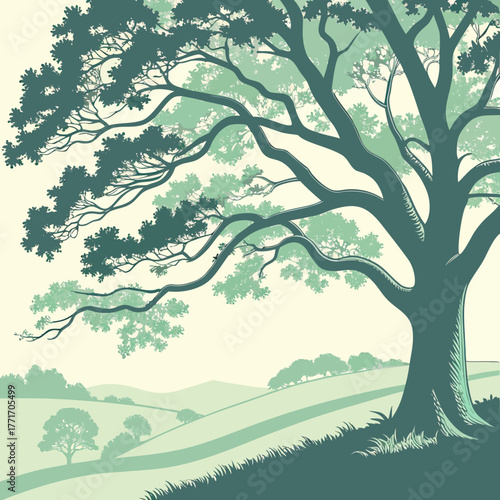 Stylized oak tree illustration with flowing canopy and gentle landscape vector graphic