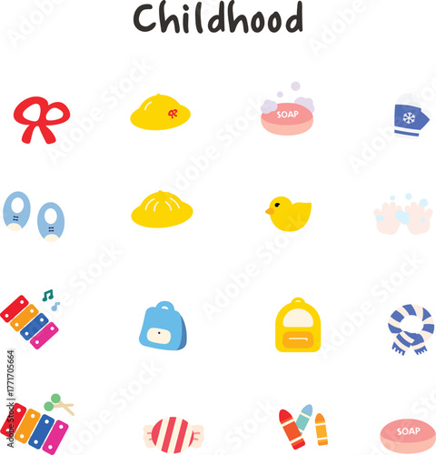 a collection of cute childhood and learning icons set