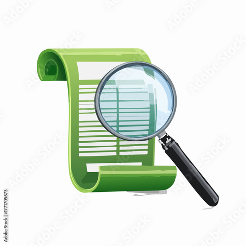 A magnifying glass hovers over a single bill, emphasizing careful expense review.