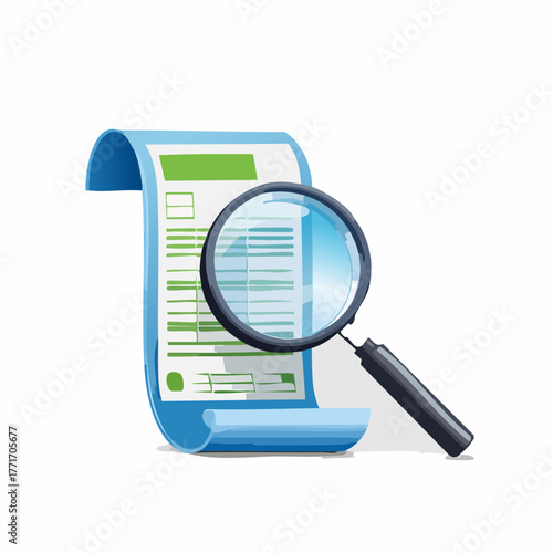 A magnifying glass hovers over a single bill, emphasizing careful expense review.