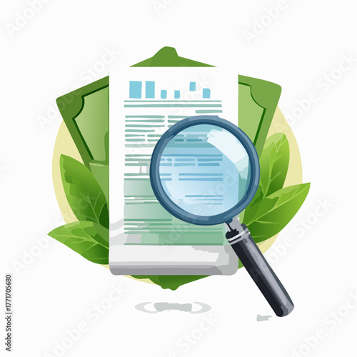 A magnifying glass hovers over a single bill, emphasizing careful expense review.