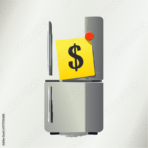 A single sticky note with a dollar sign is attached to a fridge, reminding about expenses.