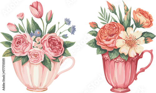 Elegant watercolor floral teacup arrangement with roses, tulips, and leaves, vintage botanical still life illustration for home decor and design