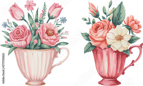 Elegant watercolor floral teacup arrangement with roses, tulips, and leaves, vintage botanical still life illustration for home decor and design