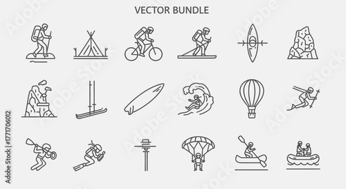 Vector illustration bundle depicting various outdoor activities including hiking, camping, cycling, skiing, kayaking, surfing, diving, and paragliding.
