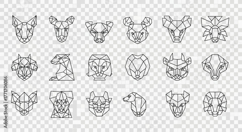 A collection of twenty geometric animal head designs, rendered as line art in a modern, minimalist style, arranged on a transparent background.