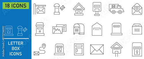 Set of letter box icon in line style. Contains such priority shipping,  delivery boxes, cargo distribution, return parcel, export and more. Collection of various mailbox designs. Vector illustration. 