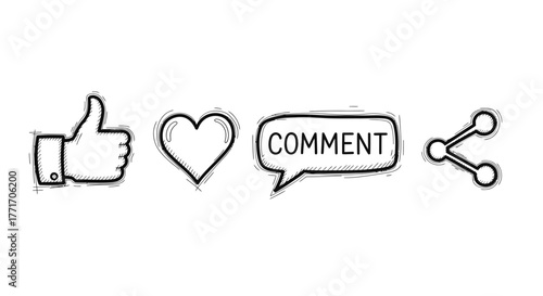Sketchy hand-drawn social media engagement icons for digital interaction a set featuring like, love, comment, and share symbols for online community platforms